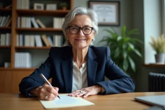 Femme cadre à la retraite rédigeant sa lettre de départ à son bureau en entreprise