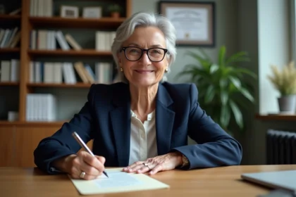 Femme cadre à la retraite rédigeant sa lettre de départ à son bureau en entreprise