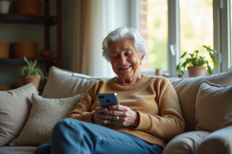 Femme senior souriante utilisant un smartphone dans son salon