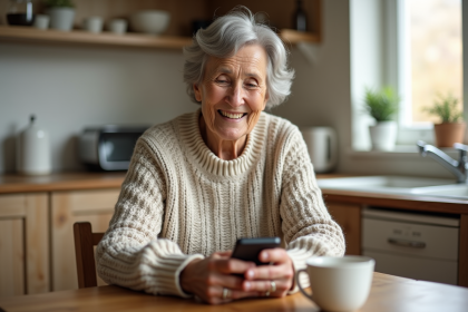 Femme senior souriante avec téléphone dans la cuisine