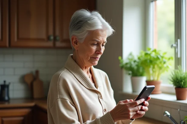 Femme senior tenant un téléphone mobile simple débloqué à gros boutons dans une cuisine, expression dubitative face aux offres opérateurs