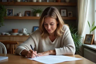 Femme d'âge moyen signant un document dans une maison française
