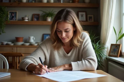 Femme d'âge moyen signant un document dans une maison française