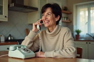Femme d'âge moyen parlant au téléphone dans la cuisine chaleureuse