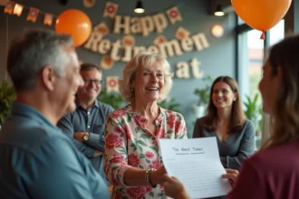 Collègue partant à la retraite tenant une feuille de chanson humoristique lors d'une fête d'adieu au bureau