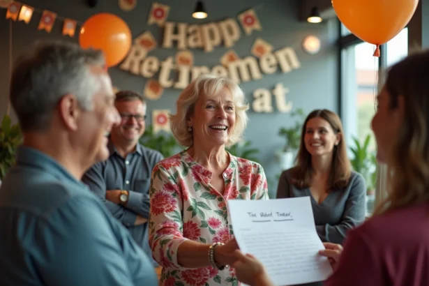 Collègue partant à la retraite tenant une feuille de chanson humoristique lors d'une fête d'adieu au bureau