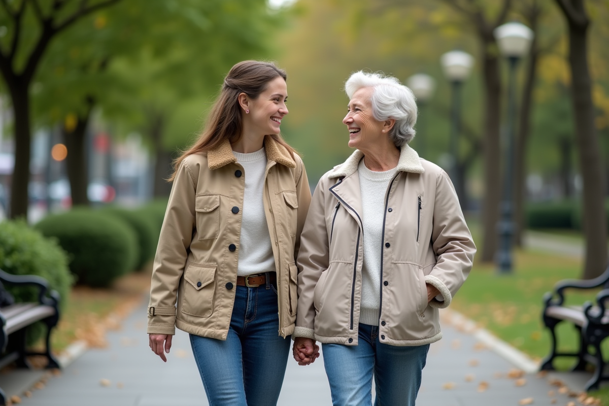 Fille et mère se promenant dans un parc urbain en souriant