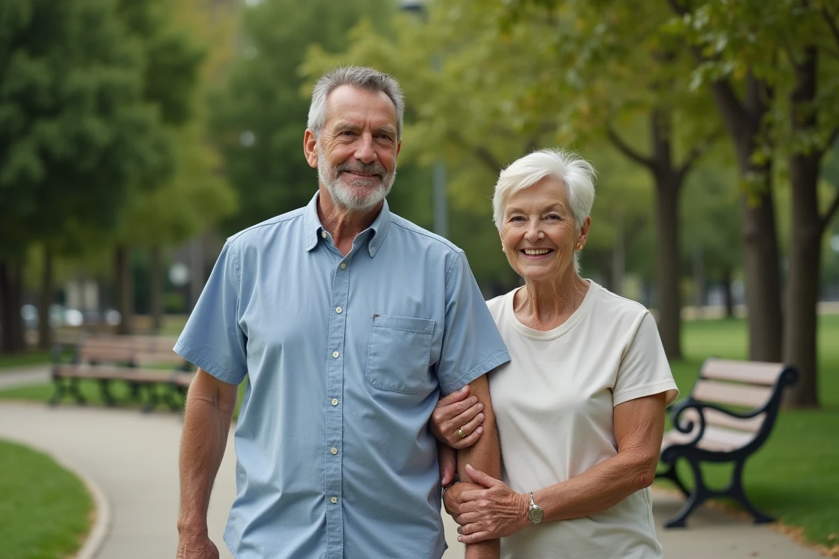 Fils adulte marchant avec son père dans un parc paisible