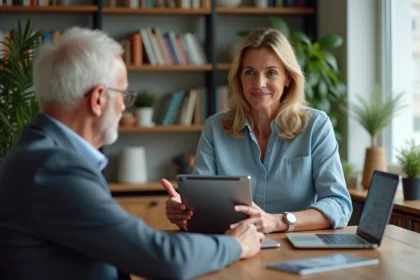 Enseignante en formation numérique avec un homme âgé