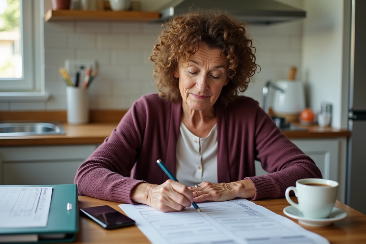 Femme de 60 ans remplissant un formulaire administratif pour la liquidation de sa retraite complémentaire à domicile