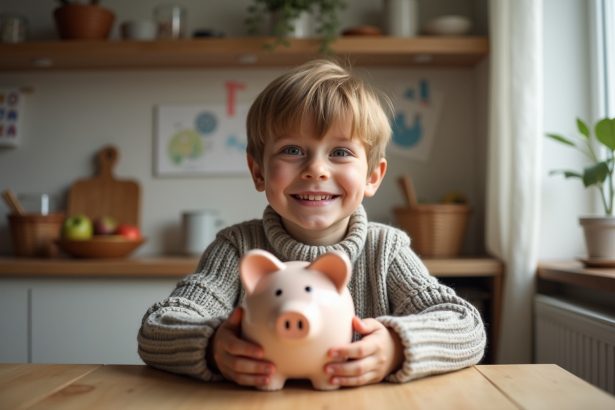 Garçon souriant tenant une tirelire dans la cuisine chaleureuse