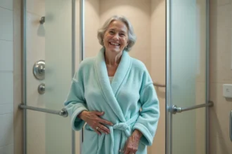 Douche adaptée pour personnes âgées avec barres d'appui et surfaces antidérapantes