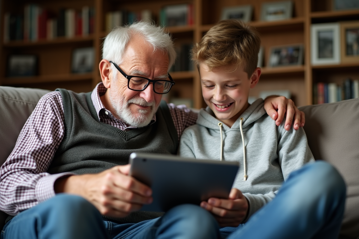 Grand-pere et petit-fils utilisant une tablette dans le salon