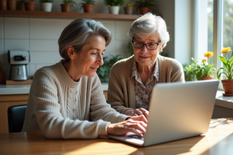 Grand-mere et petite-fille apprenant l'ordinateur ensemble