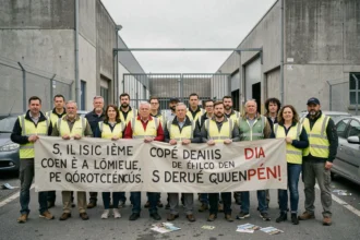 Groupe de travailleurs en grève devant une usine tenant des banderoles revendicatives lors d'une grève reconductible