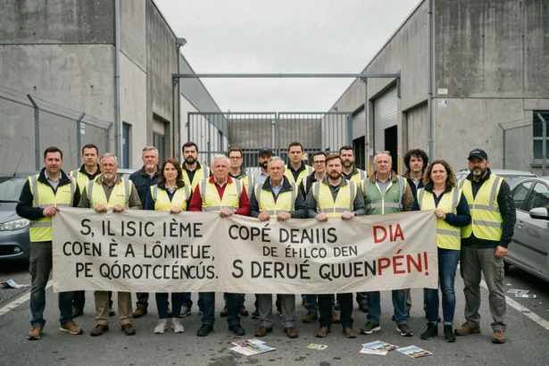 Groupe de travailleurs en grève devant une usine tenant des banderoles revendicatives lors d'une grève reconductible