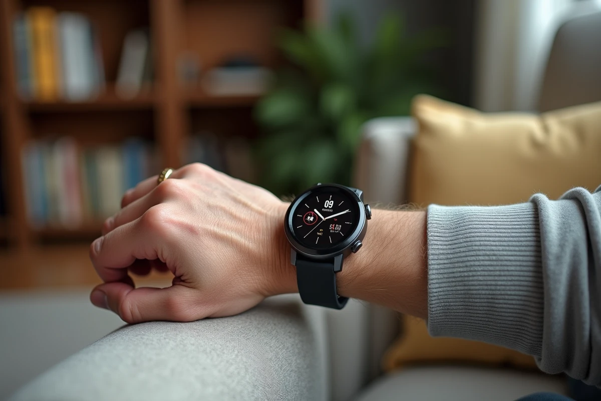 Gros plan sur une montre connectée au poignet d'une personne âgée avec affichage lisible