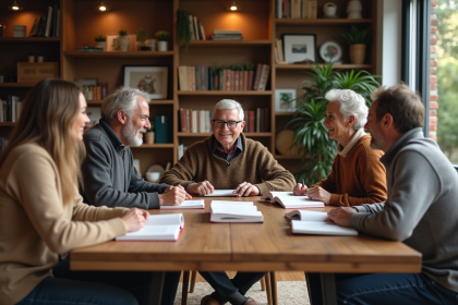 Groupe de personnes discutant autour d'une table dans un salon chaleureux