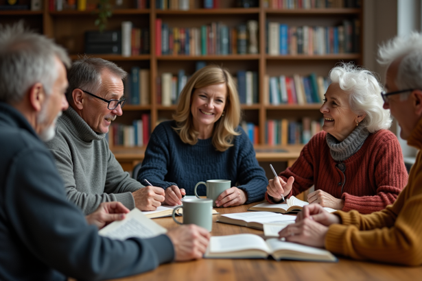 Groupe d'adultes discutant autour d'une table chaleureuse