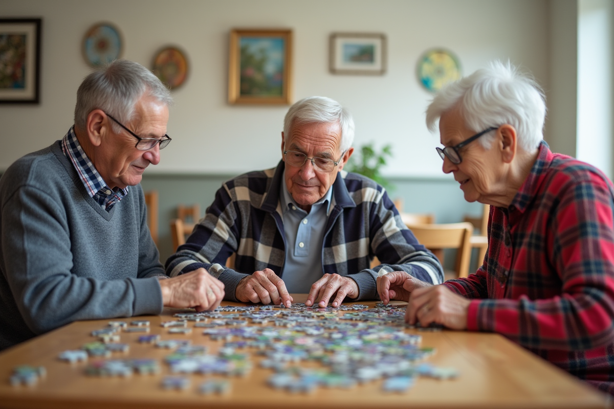 Groupe de seniors collaborant sur un puzzle en intérieur