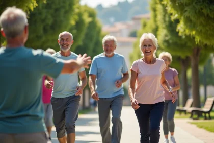 Groupe de seniors faisant du fitness en plein air à Nice