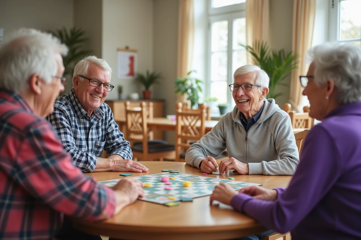 Groupe de seniors jouant ensemble à un jeu de cartes dans une salle d'activités
