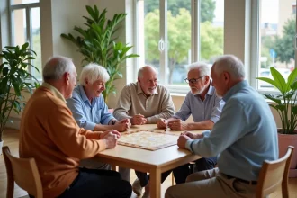 Groupe de seniors jouant à un jeu de société à Nice