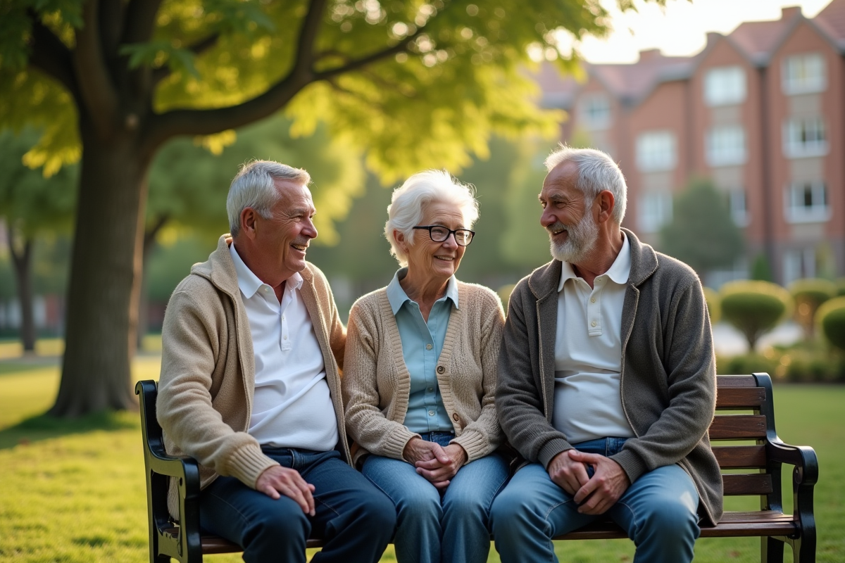 Groupe de seniors discutant dans un parc en plein air