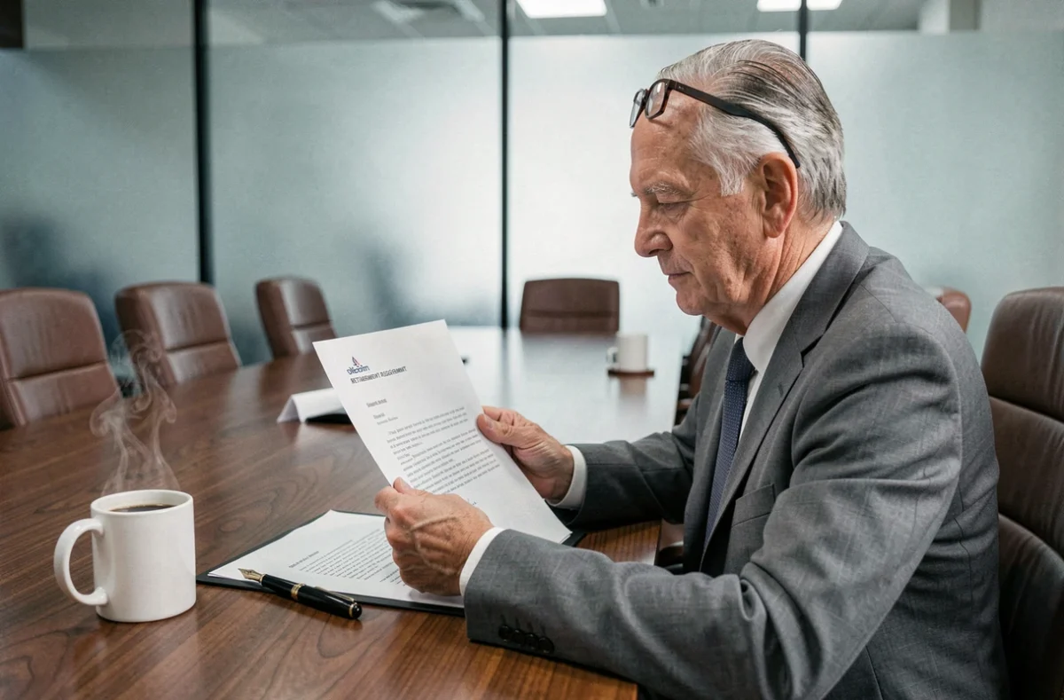 Homme d'affaires senior relisant sa lettre de départ à la retraite en salle de réunion