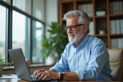 Homme âgé de 80 ans travaillant sur un ordinateur dans un bureau moderne