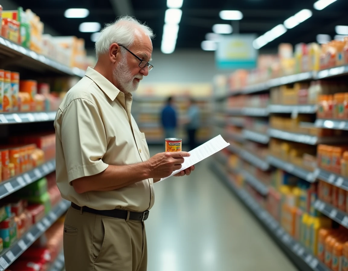 Homme âgé vérifiant une liste de courses en supermarché, symbolisant les défis d'autonomie mesurés par l'échelle IADL