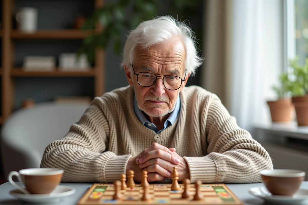 Homme âgé concentré sur un jeu de stratégie posé sur une table basse de salon