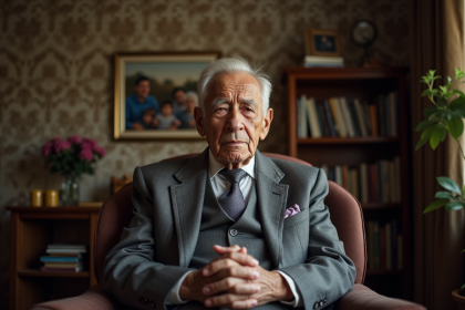 Homme âgé en costume gris dans un salon chaleureux