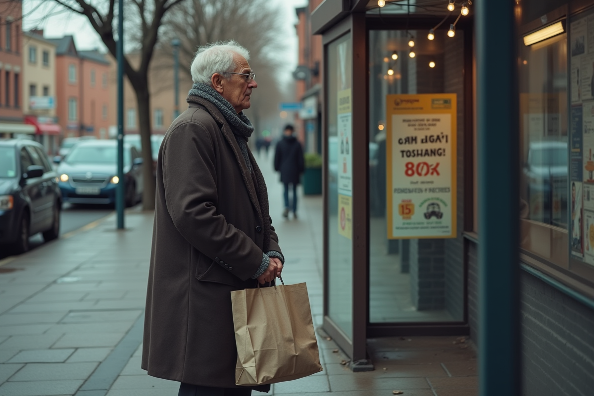 Homme âgé attendant à un arrêt de bus dans la ville