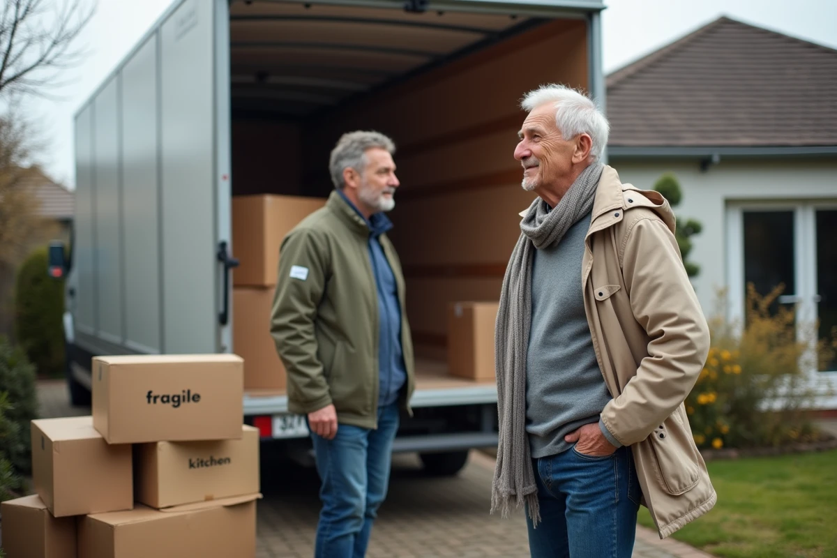 Homme âgé discutant avec un déménageur devant un camion