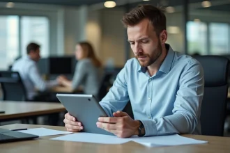 Homme d'affaires en bureau moderne utilisant une tablette