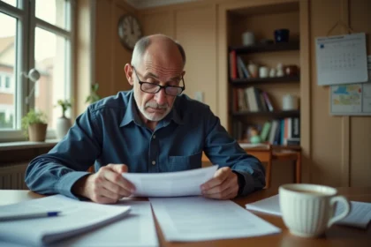 Homme de 50 ans consultant des documents administratifs sur la validation de trimestres de retraite à domicile