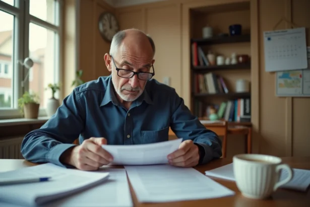Homme de 50 ans consultant des documents administratifs sur la validation de trimestres de retraite à domicile