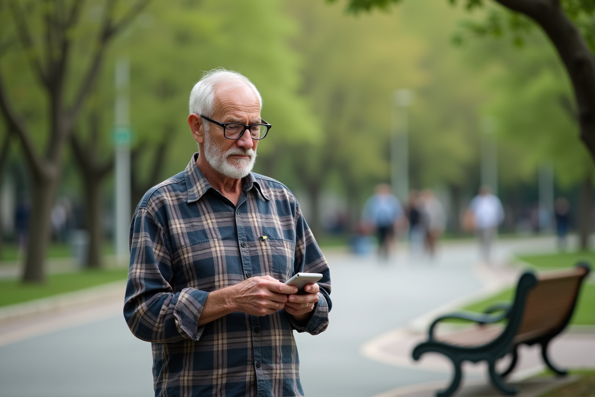 Homme âgé utilisant téléphone dans un parc urbain