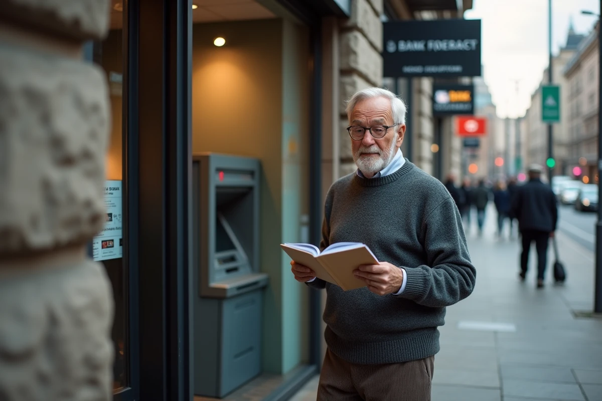 Homme agee devant une agence bancaire en ville