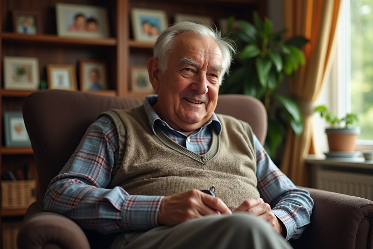 Homme âgé se coupant les ongles dans un salon ensoleille