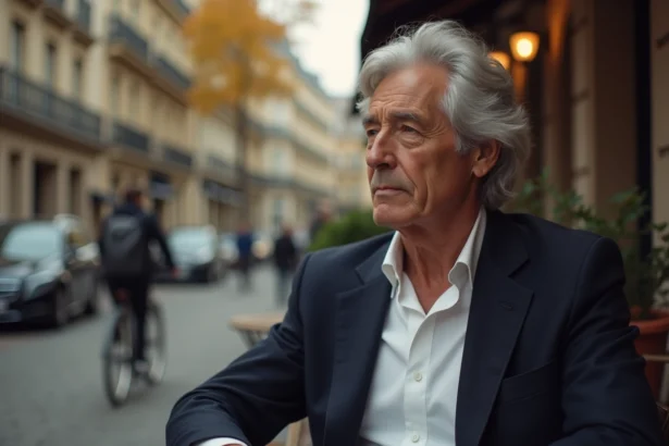 Homme élégant aux cheveux argentés assis en terrasse de café parisien, illustrant une relation discrète et mystérieuse