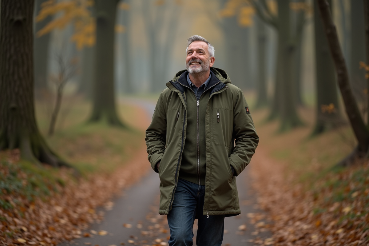 Homme marche en forêt en automne avec sourire réfléchi