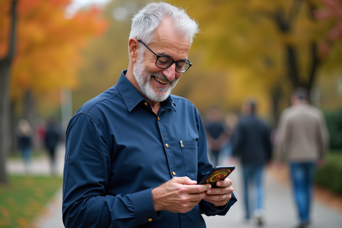 Homme âgé regardant une application horoscope sur smartphone