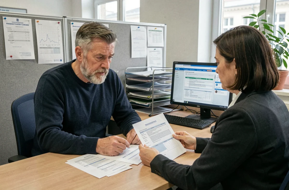 Homme en situation d'invalidité discutant de sa revalorisation de pension avec un conseiller en CAF lors d'un rendez-vous administratif