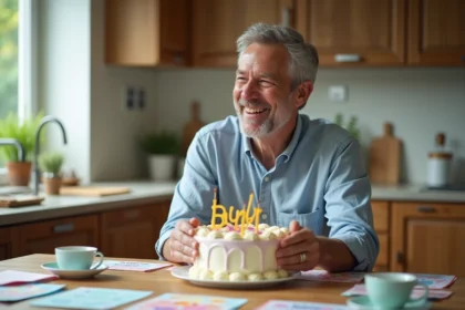 Homme souriant de 60 ans dans une cuisine moderne