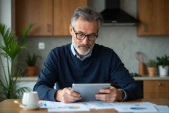 Homme d'âge moyen lisant des documents à la maison