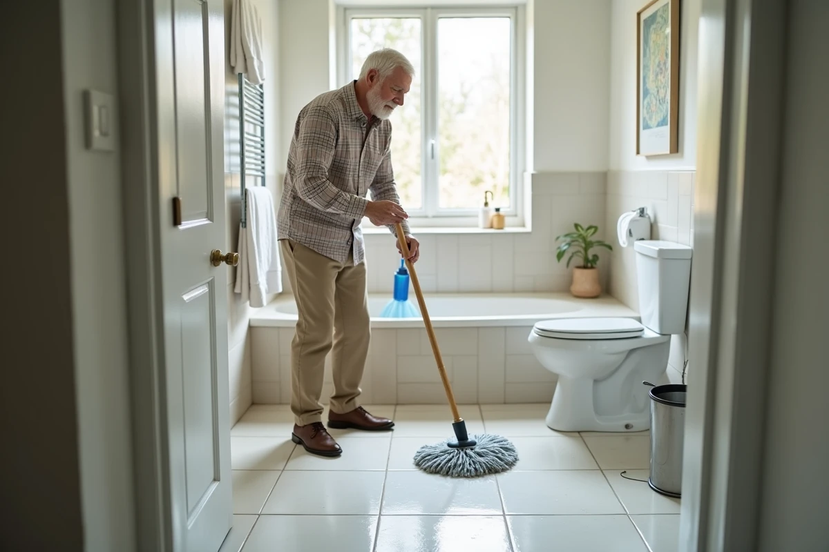 Homme utilisant une serpillere pour traitement antidérapant salle de bain