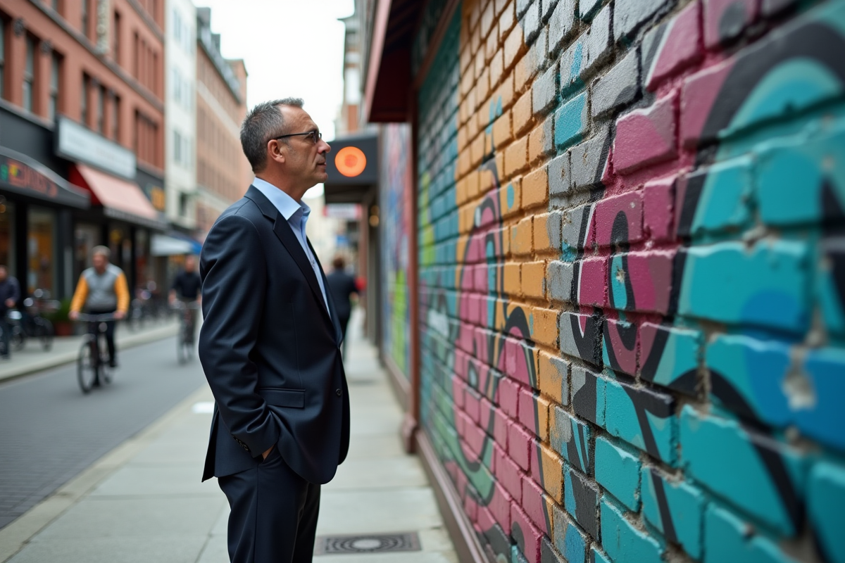Un homme regardant un mural coloré dans une rue animée de la ville