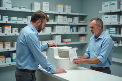 Homme examinant un siège WC dans une pharmacie moderne